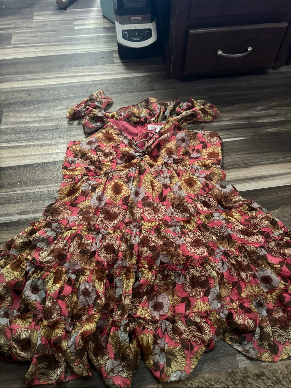 Floral Tiered Midi Dress in Pink and Gold